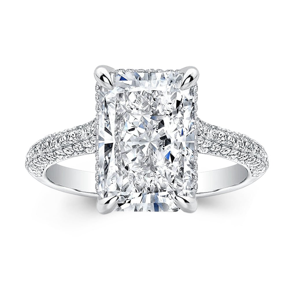 Unboxing view of radiant cut hidden halo diamond engagement ring