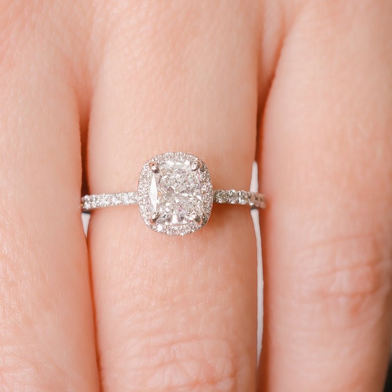 Cushion halo lab grown diamond ring side profile in gold setting