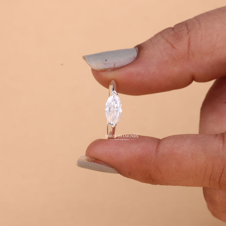Detailed close-up of marquise east west diamond engagement ring