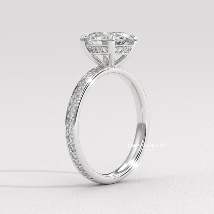 Oval solitaire lab grown diamond ring side profile in gold setting