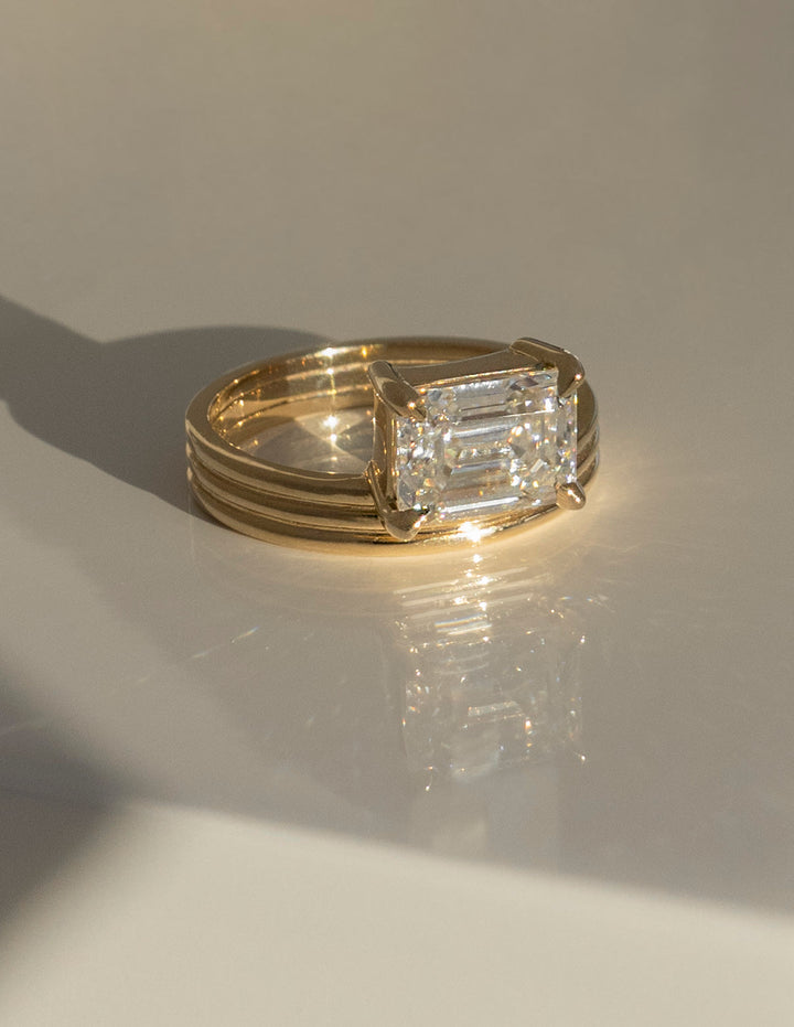 1.50CT East West Emerald Lab Grown Diamond Ring Yellow Gold Stacked Band