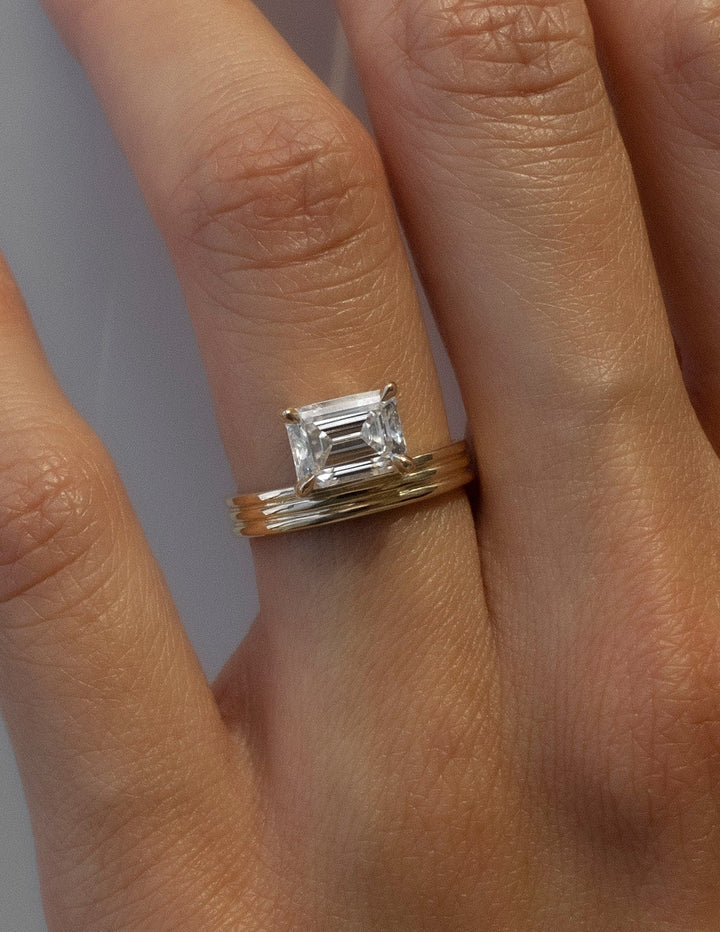 1.50CT East West Emerald Lab Grown Diamond Ring Yellow Gold Stacked Band