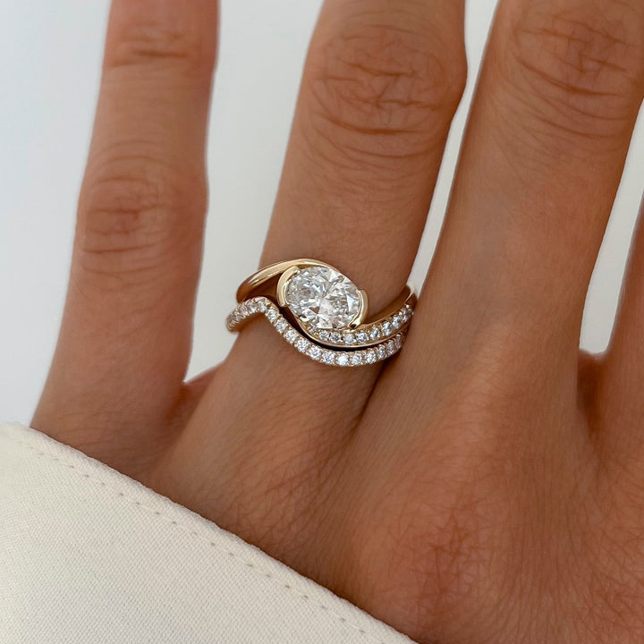1.50CT East West Oval Bypass Half Bezel Lab Grown Diamond Ring Yellow Gold Pave Band