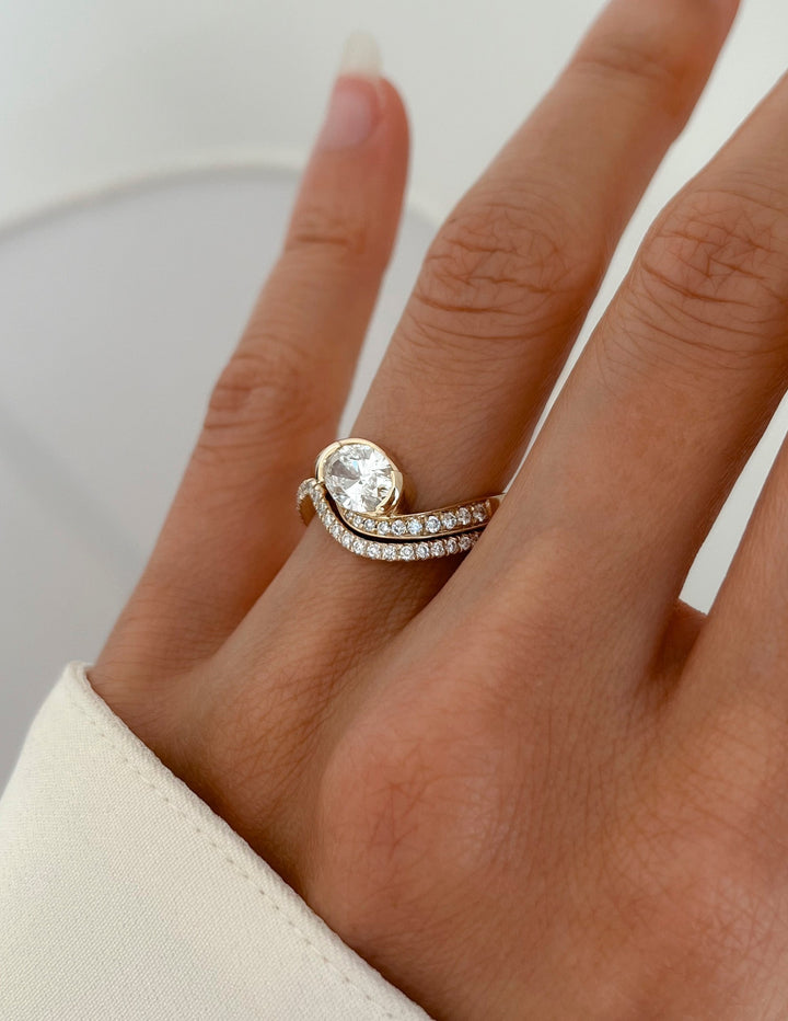 1.50CT East West Oval Bypass Half Bezel Lab Grown Diamond Ring Yellow Gold Pave Band