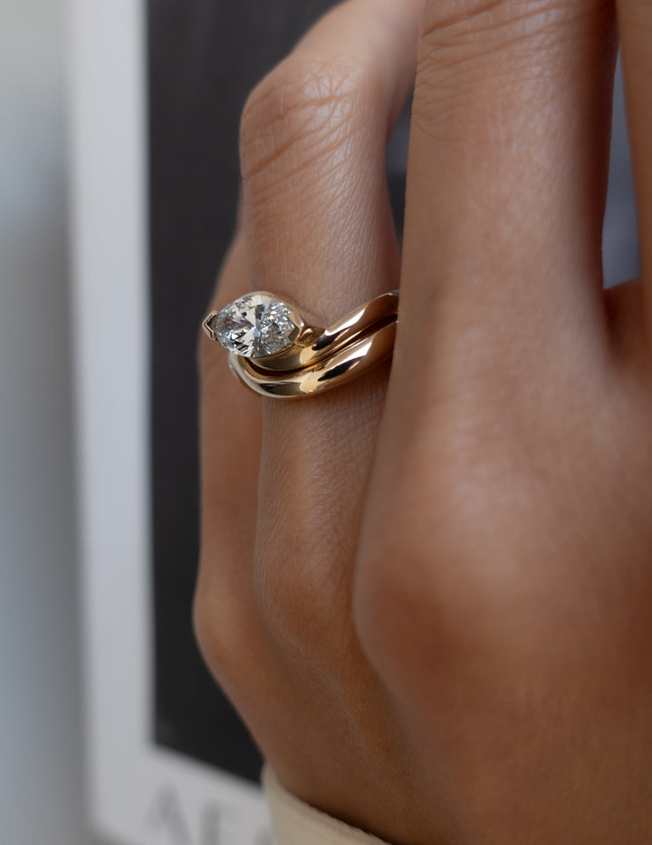 1.50CT East West Marquise Half Bezel Lab Grown Diamond Ring Set Yellow Gold