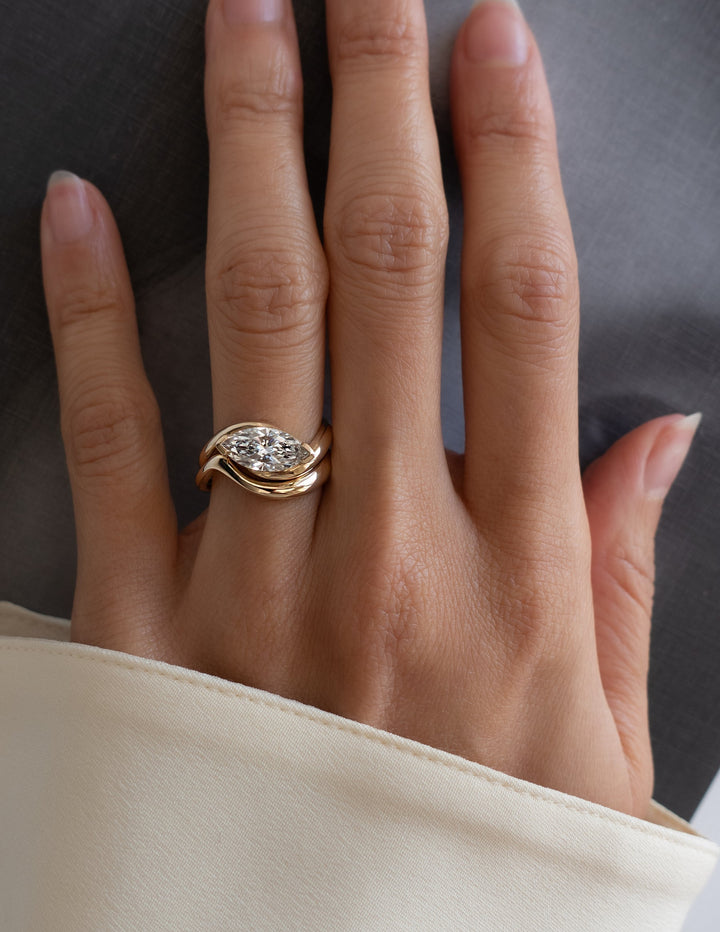 1.50CT East West Marquise Half Bezel Lab Grown Diamond Ring Set Yellow Gold