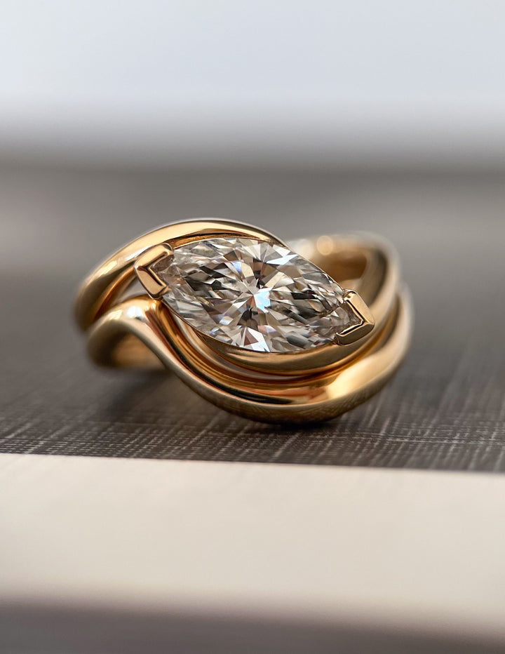 1.50CT East West Marquise Half Bezel Lab Grown Diamond Ring Set Yellow Gold