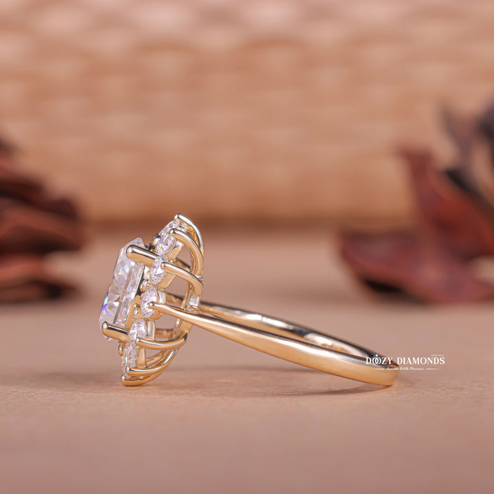 Detailed close-up of oval halo diamond engagement ring