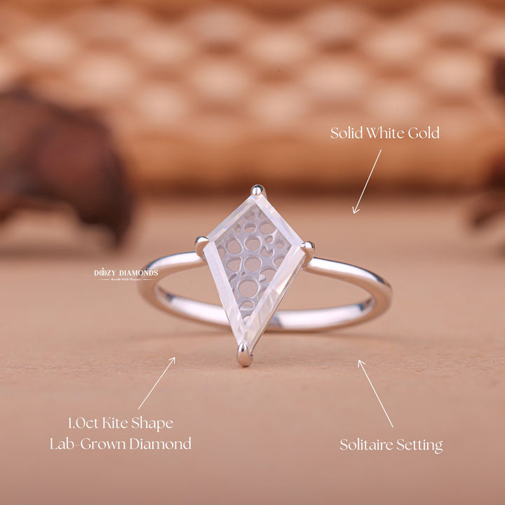 Kite art deco engagement ring with certified lab grown diamond