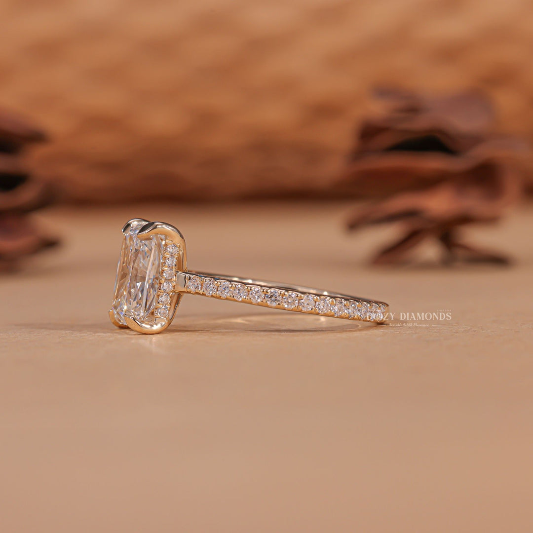 Radiant hidden halo engagement ring with brilliant diamond sparkle