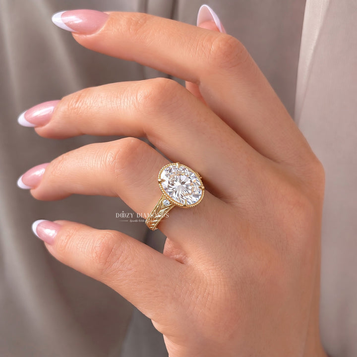 2.50CT Ova Vintage Nature Inspired E/VS1 Gold Engagement Ring with Leaf Detailing