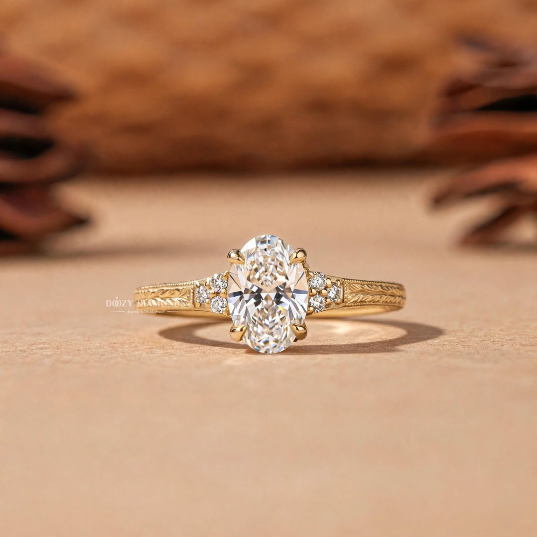 2.50CT Oval F/VS1 Lab Grown Engagement Ring with Cluster Accents, Engraved Gold Band