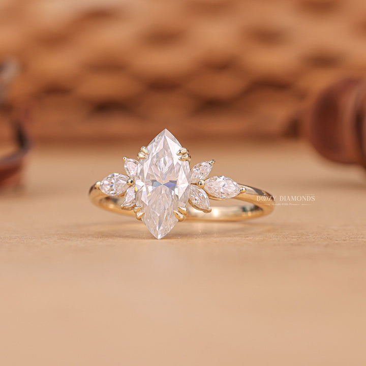 Lifestyle shot of marquise solitaire diamond ring on hand