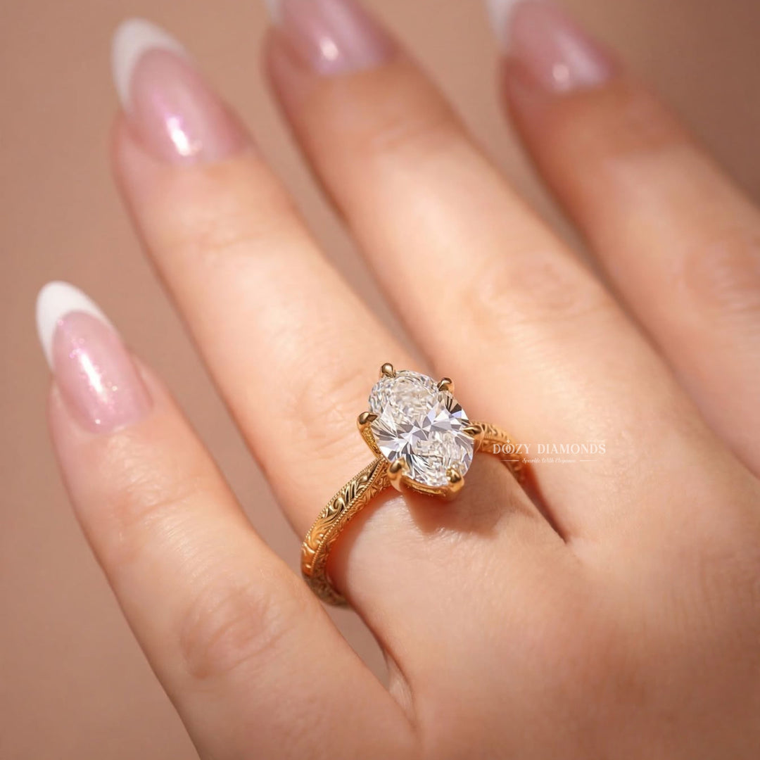 2.50CT Oval F/VVS2 Lab Grown Solitaire Engagement Ring, Six Prong Engraved Gold Band