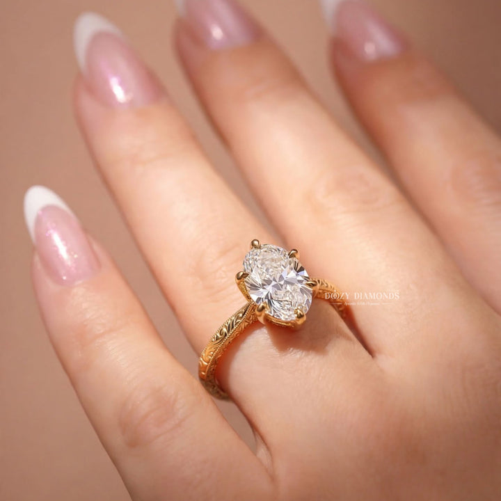 2.50CT Oval F/VVS2 Lab Grown Solitaire Engagement Ring, Six Prong Engraved Gold Band