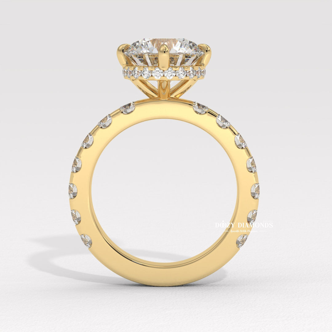 Profile view of round cut hidden halo engagement ring band