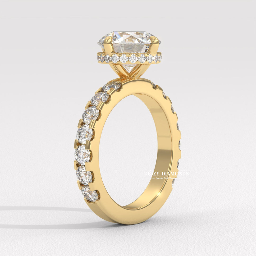 Side angle of round hidden halo diamond engagement ring