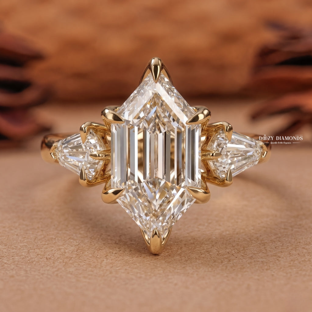 3.0CT Elongated Hexagon E/VVS1 Lab Grown Diamond Three Stone Engagement Ring - lab grown diamond engagement ring