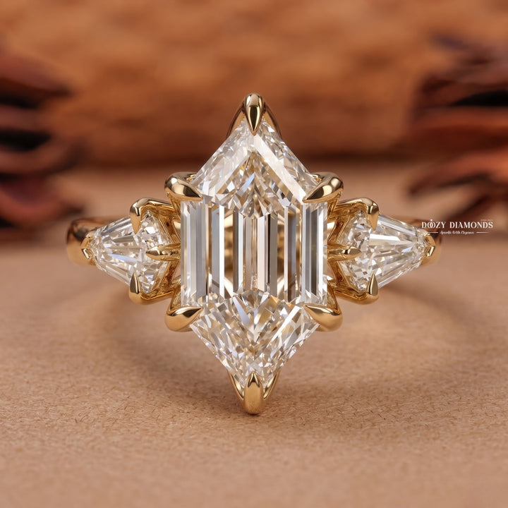 3.0CT Elongated Hexagon E/VVS1 Lab Grown Diamond Three Stone Engagement Ring - lab grown diamond engagement ring