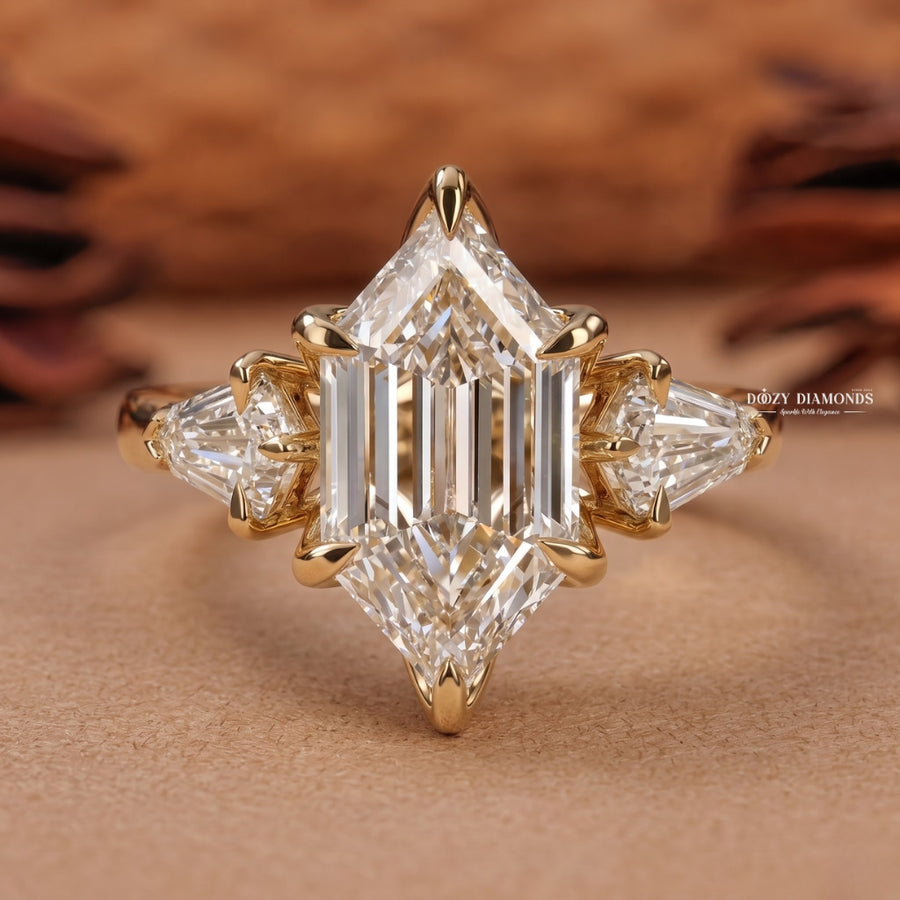 3.0CT Elongated Hexagon E/VVS1 Lab Grown Diamond Three Stone Engagement Ring - lab grown diamond engagement ring