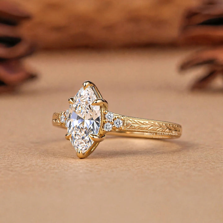 2.0CT Marquise E/VS2 Lab Grown Diamoind Engagement Ring, Engraved Gold Shoulder Accents