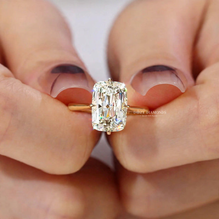 2.0CT Elongated Cushion Old Mine Lab Grown Ring, Minimalist Gold Band