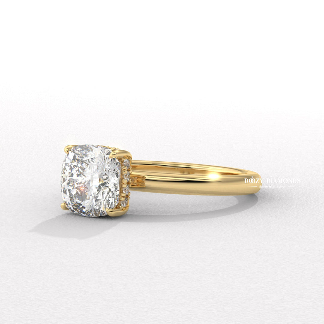 Cushion hidden halo lab grown diamond ring fitted on finger