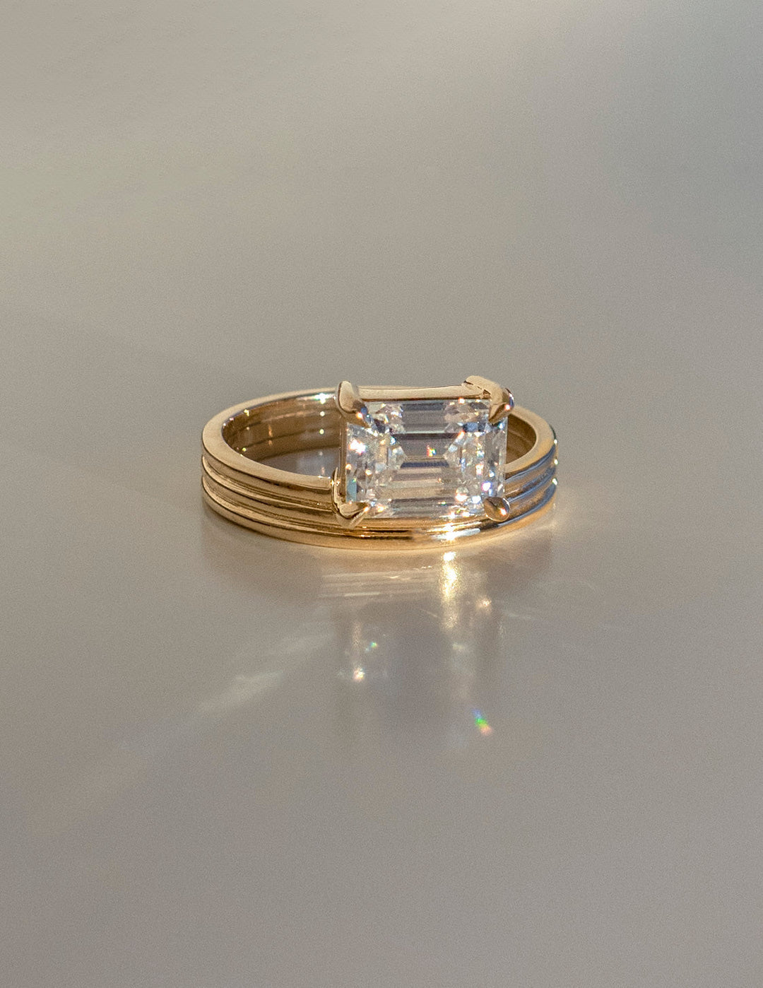 1.50CT East West Emerald Lab Grown Diamond Ring Yellow Gold Stacked Band