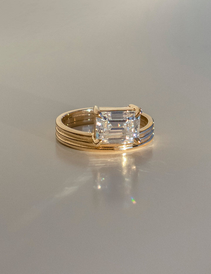 1.50CT East West Emerald Lab Grown Diamond Ring Yellow Gold Stacked Band