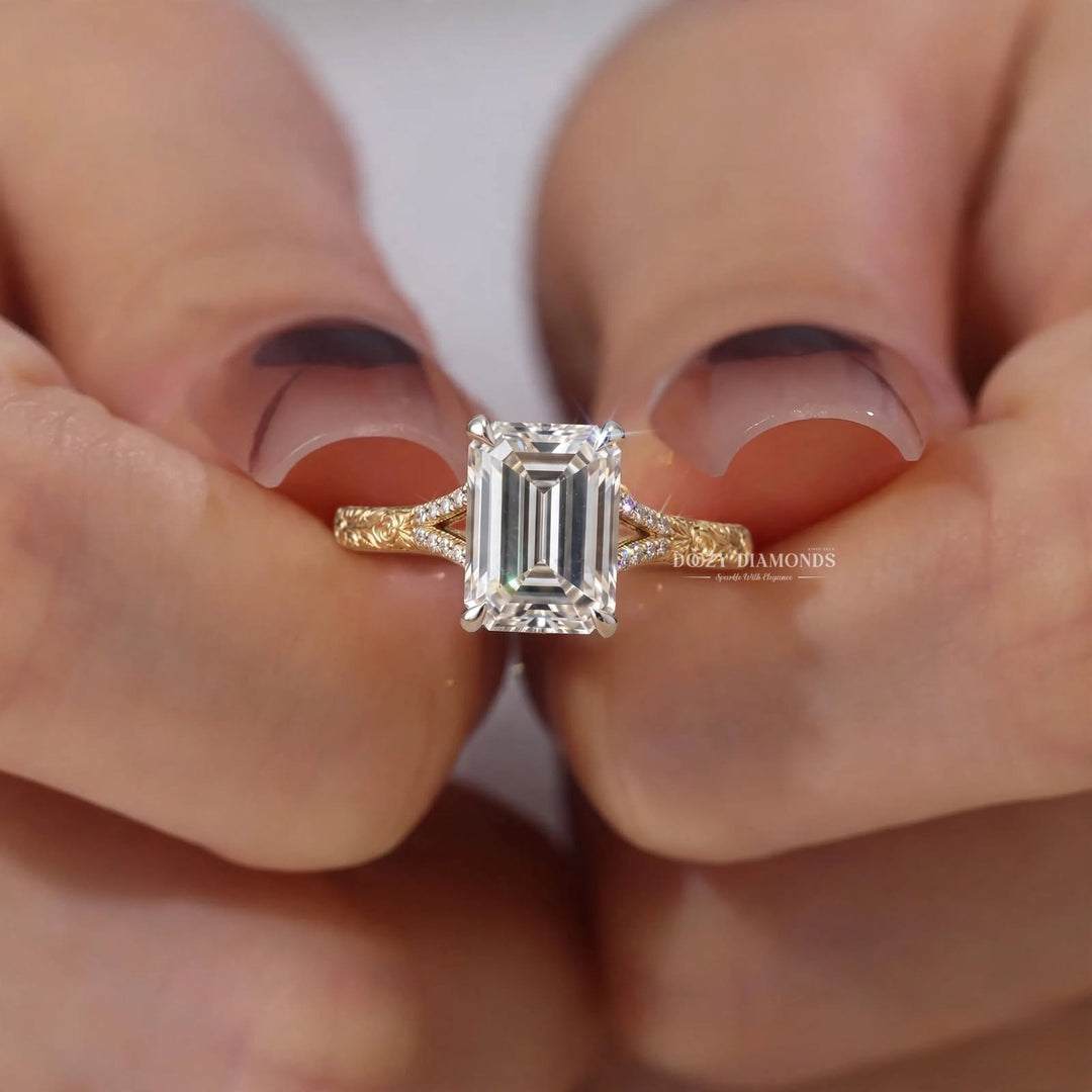 2.0CT Emerald Cut E/VS1 Lab Grown Diamond – Nature Inspired Vintage Engagement Ring
