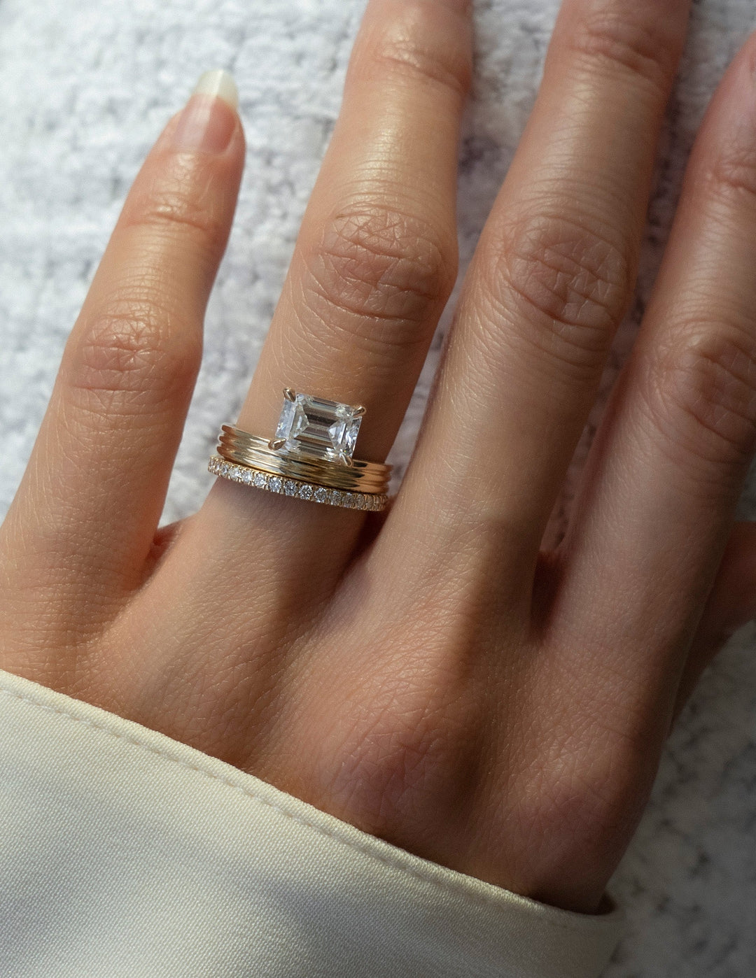 1.50CT East West Emerald Lab Grown Diamond Ring Yellow Gold Stacked Band