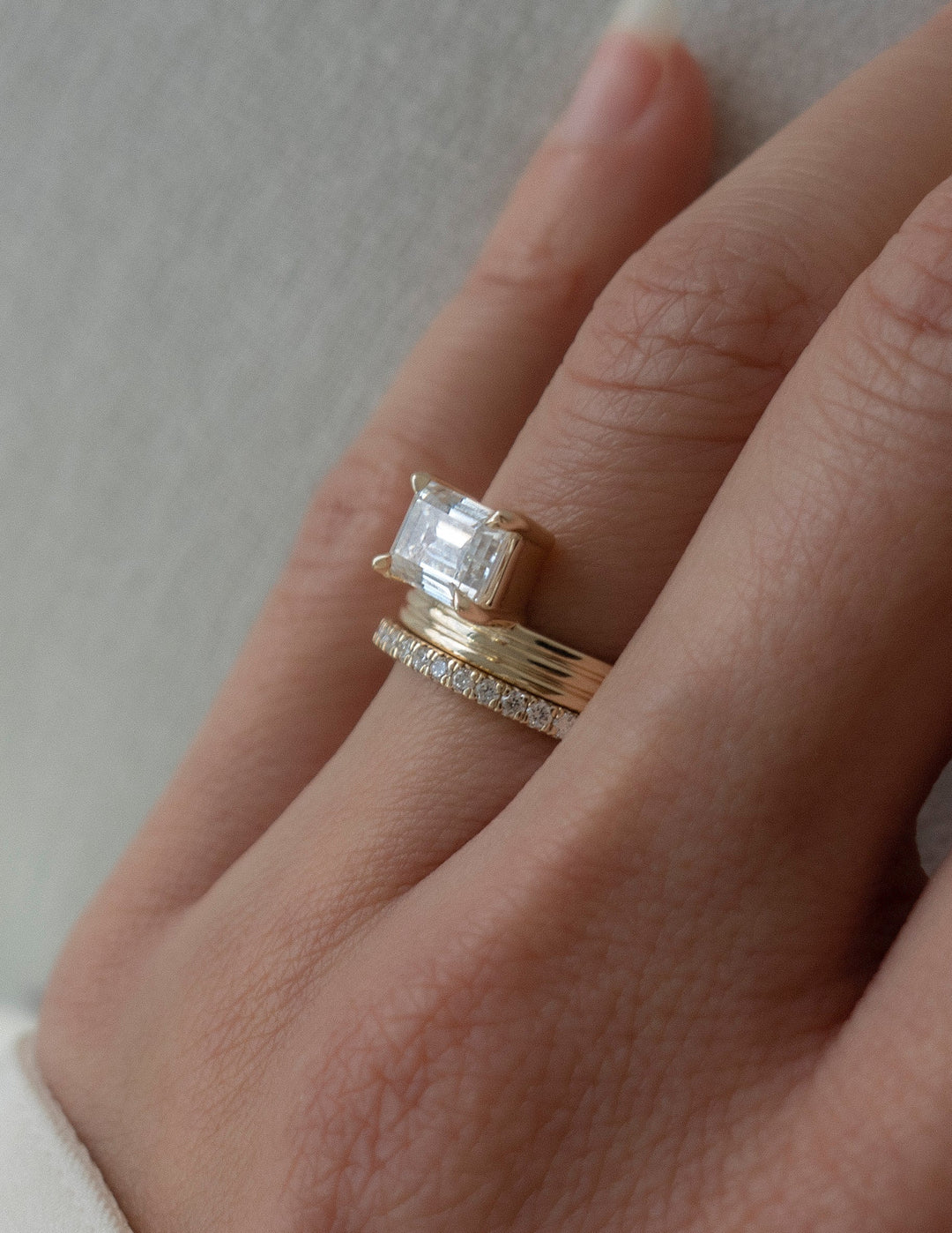1.50CT East West Emerald Lab Grown Diamond Ring Yellow Gold Stacked Band