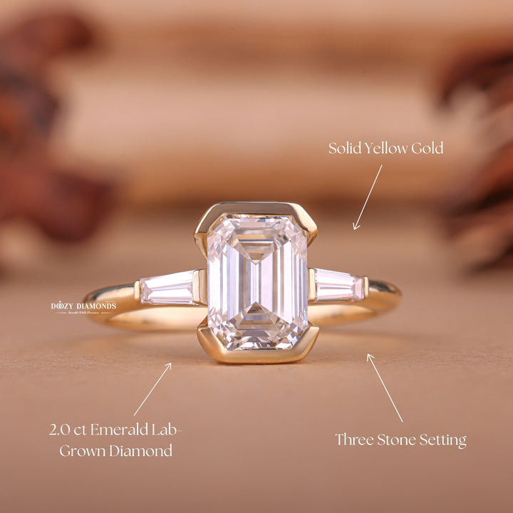 Macro shot of emerald cut diamond facets in three stone ring setting