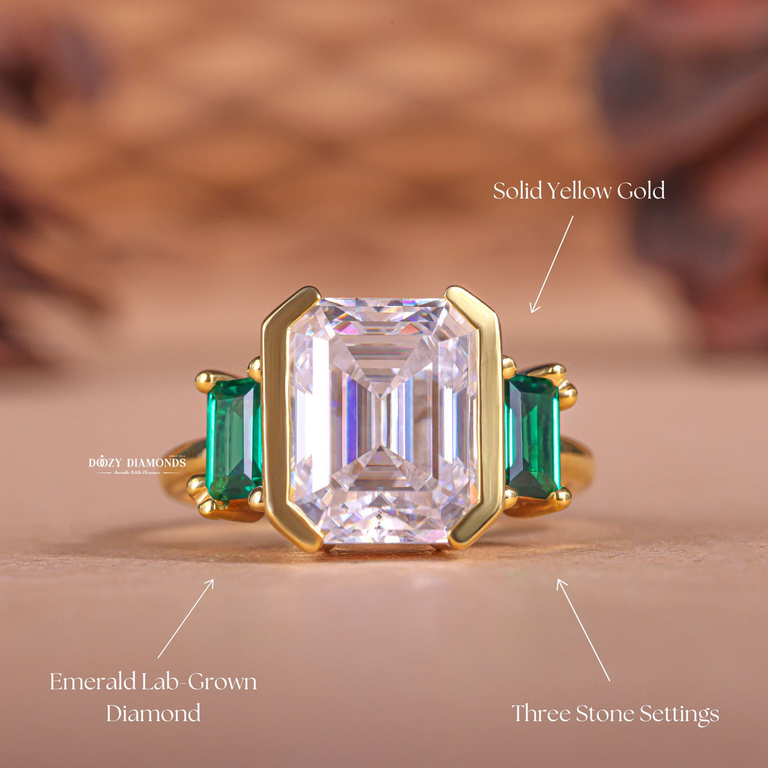 Classic emerald three stone engagement ring crafted for everyday wear