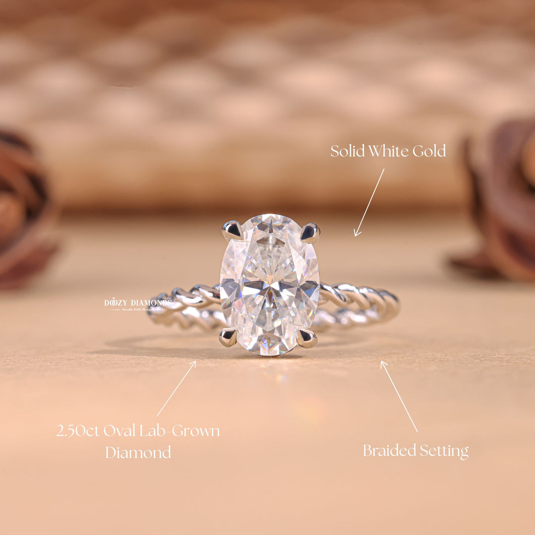 Oval cut engagement ring side view showing band detail