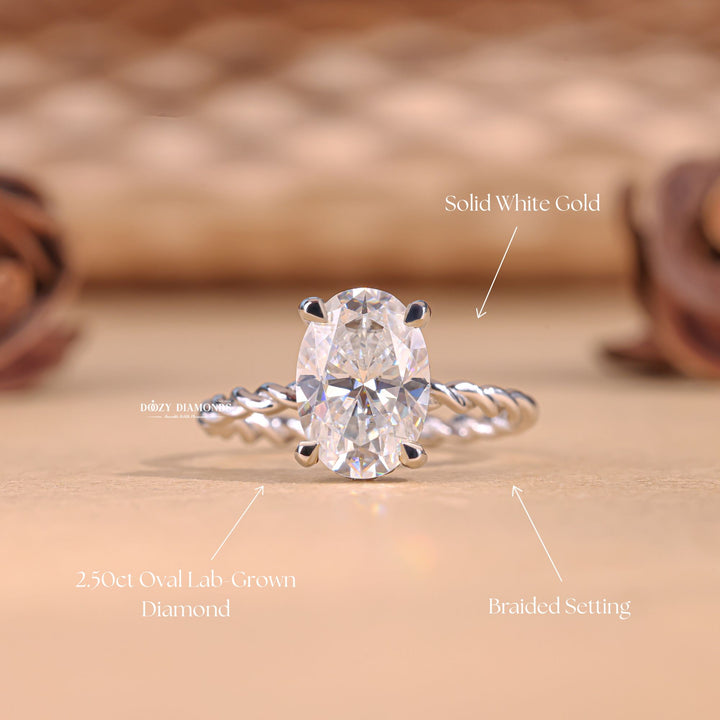 Oval cut engagement ring side view showing band detail