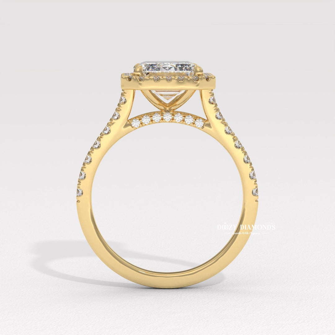 Emerald pave engagement ring with certified lab grown diamond