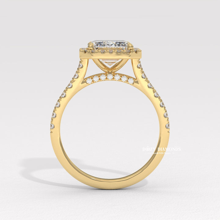 Emerald pave engagement ring with certified lab grown diamond