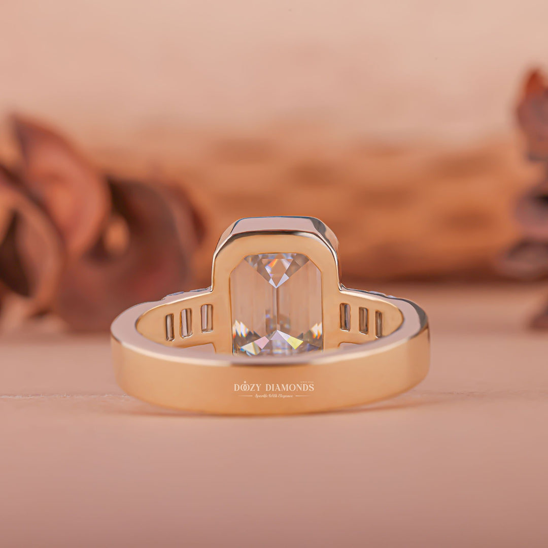 Emerald bezel lab grown diamond ring fitted on finger