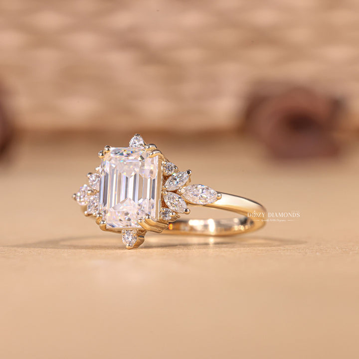 Emerald cluster engagement ring with brilliant diamond sparkle