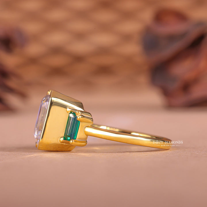 Emerald three stone engagement ring with IGI certificate and packaging