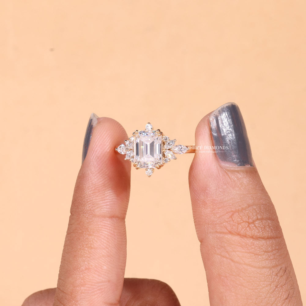 Top-down view of emerald cut cluster engagement ring