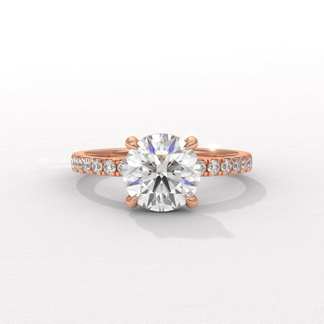 Angled view of round cut diamond in hidden halo setting