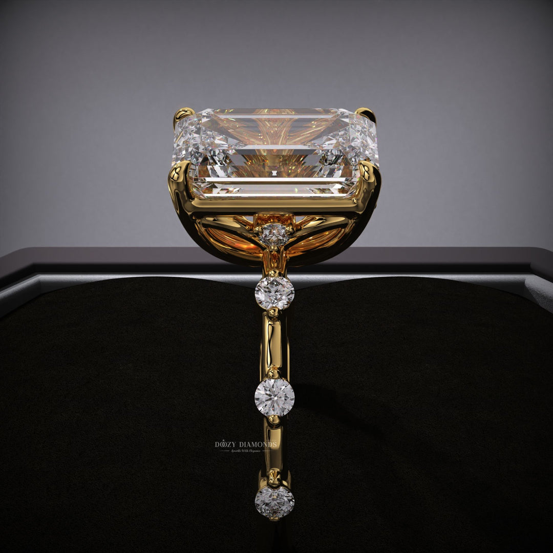 Emerald cut engagement ring side view showing band detail