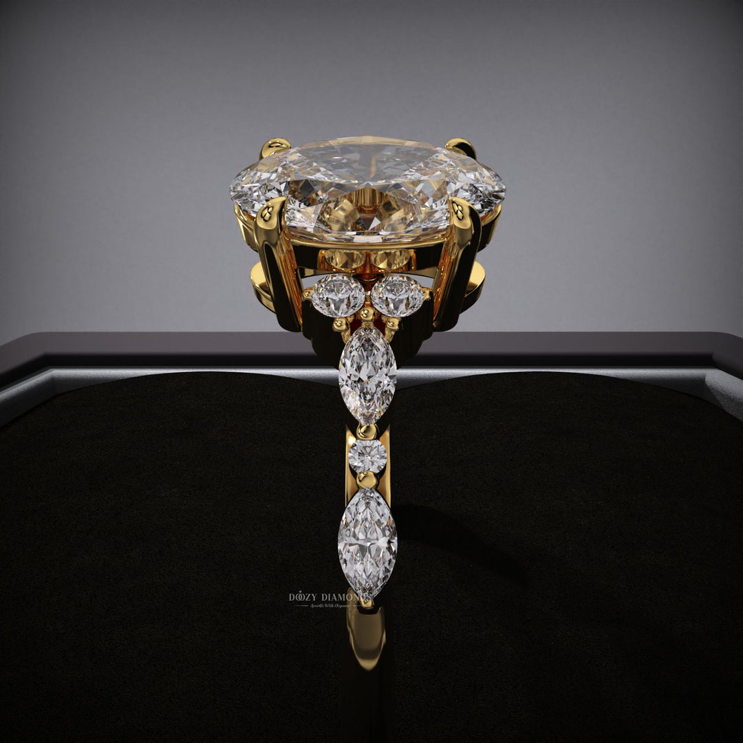 Profile view of oval cut pave engagement ring band