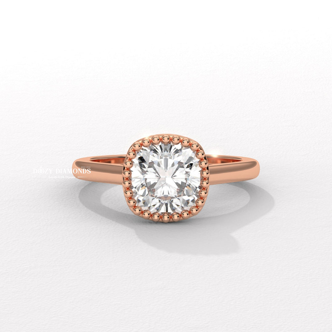 Handcrafted cushion cut bezel lab grown diamond engagement ring