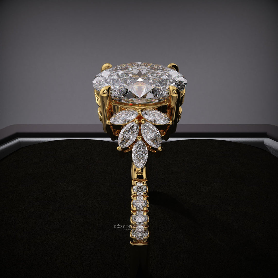 Handcrafted oval cut cluster lab grown diamond engagement ring