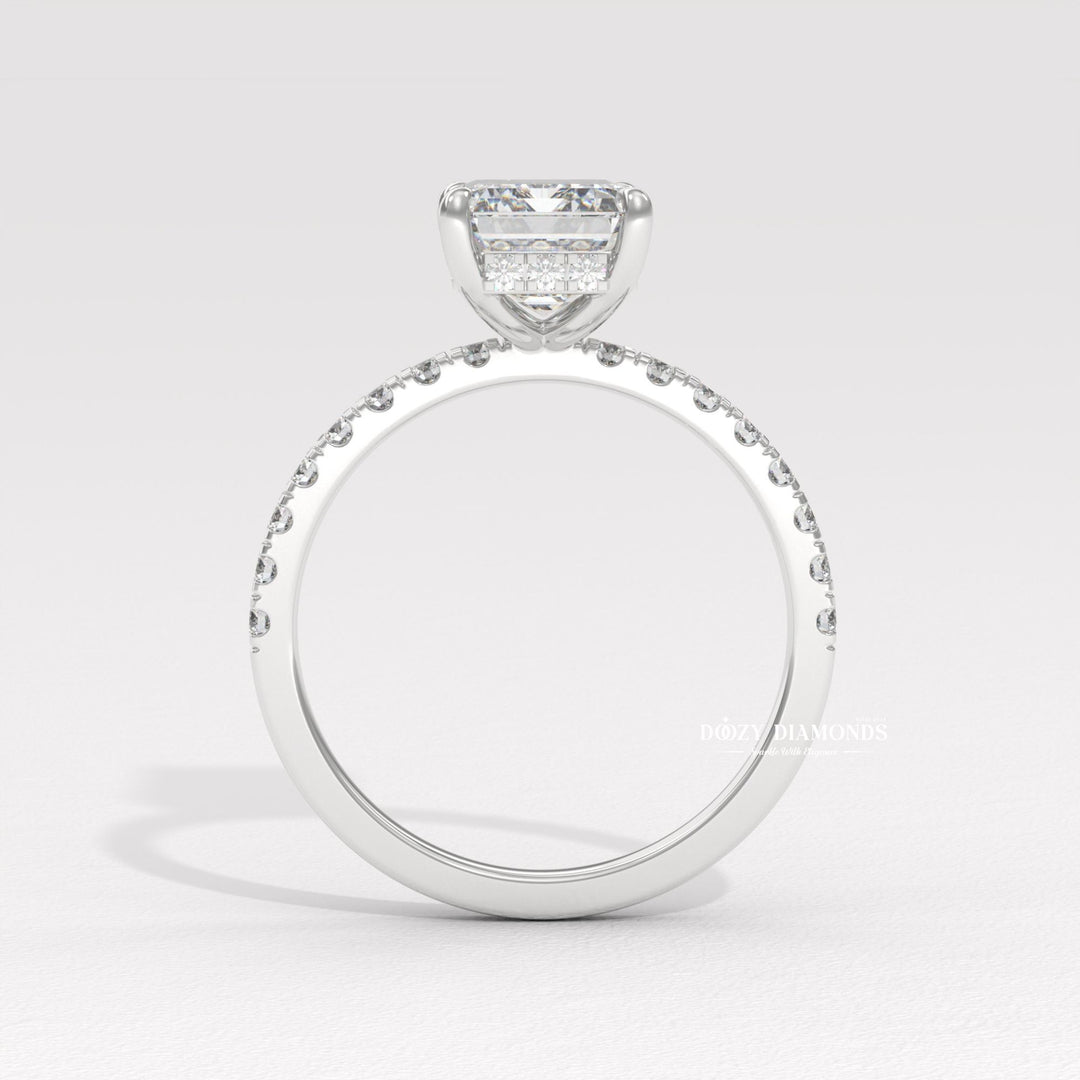 IGI certified emerald cut diamond in pave engagement ring setting