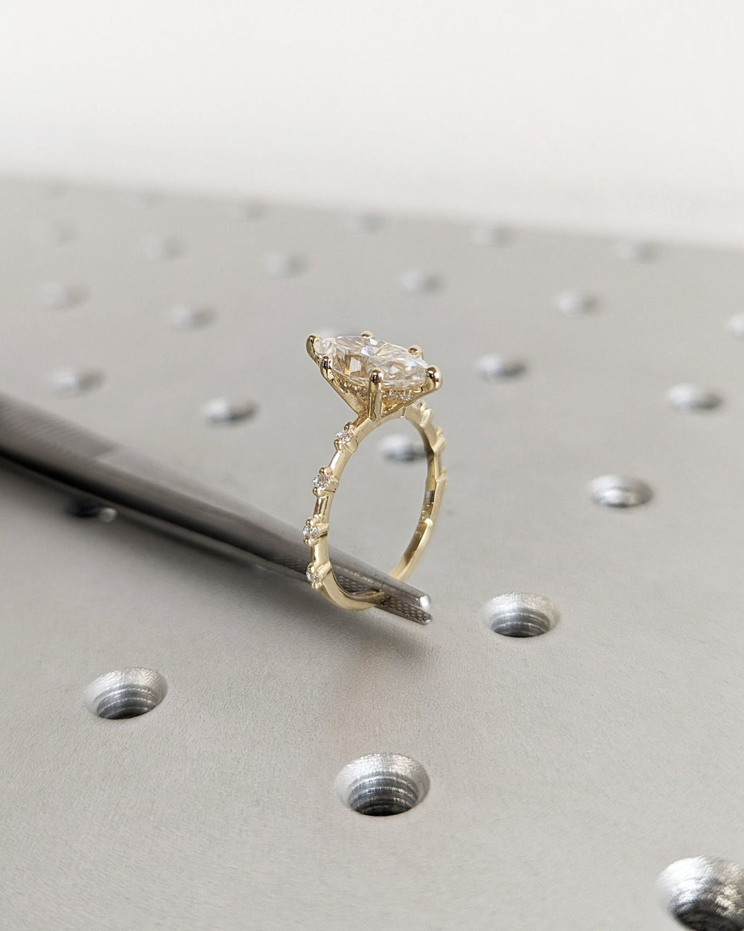 Handcrafted marquise cut hidden halo lab grown diamond engagement ring