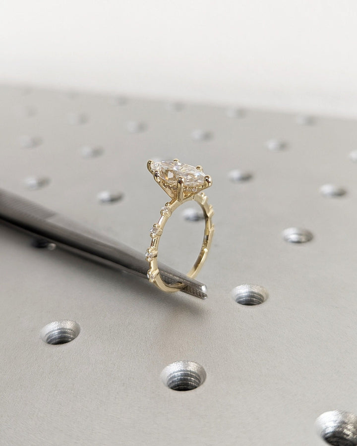 Handcrafted marquise cut hidden halo lab grown diamond engagement ring